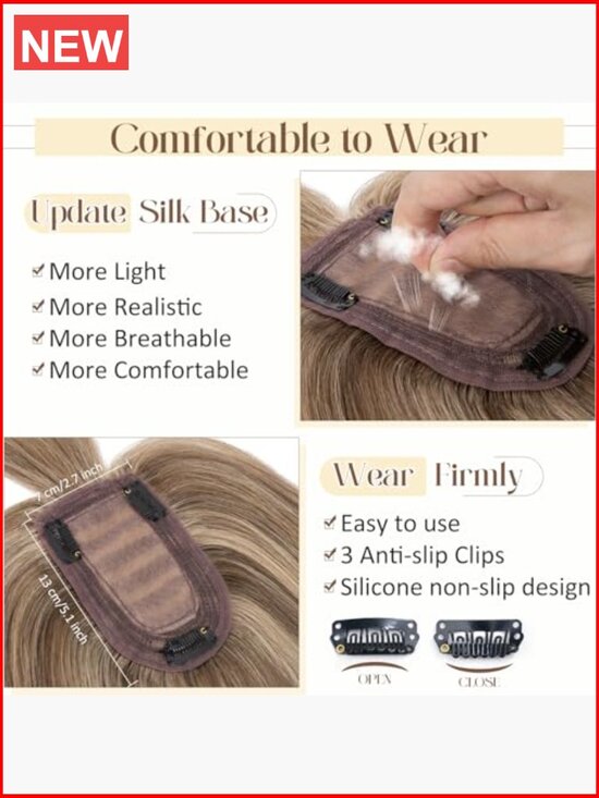100% Real Human Hair Topper with Bangs - Silk Base Clip In Hair Piece for main image 4